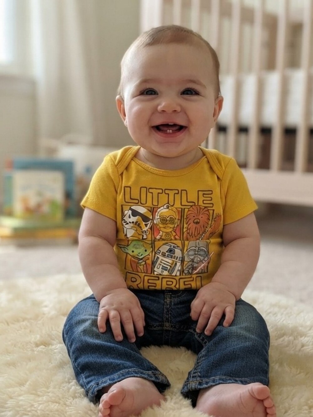 GAP 6-9/6-12M Yellow Little Rebel Onesie and Blue Jeans Set